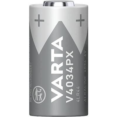En silverfärgad batteri från märket Varta, modell V4034PX, 6V, med plus- och minussymboler.