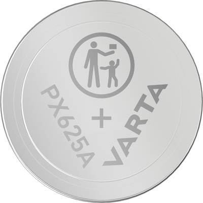En silverknappbatteriet med texten 'PX625A + Varta' och en symbol som påminner vuxna om att hålla batteriet borta från barn.