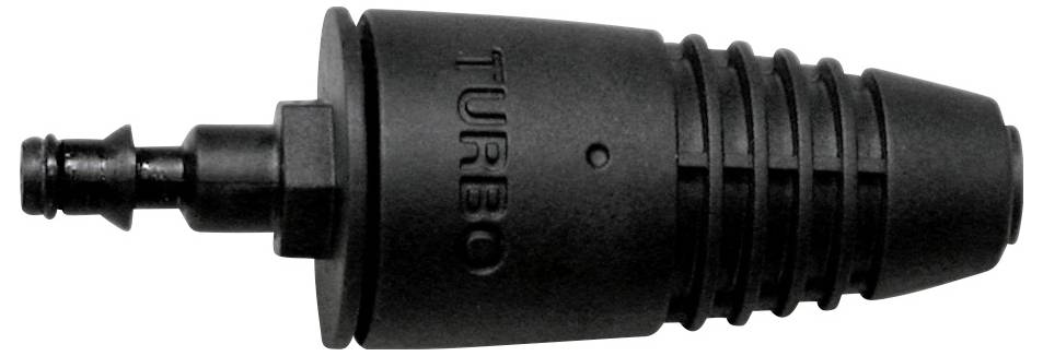 En svart turbo-munstycke för högtryckstvätt. Det cylindriska tillsatset har ett räfflat design för bättre grepp.