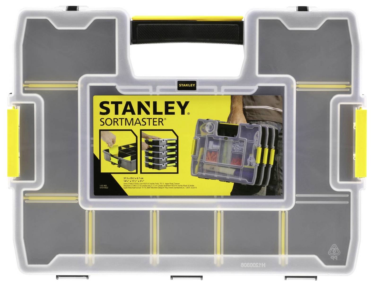 Stanley SortMaster verktygslåda med genomskinligt lock, gula skiljeväggar och ett handtag i mitten. Innehåller en bild som visar sorteringsfacken.