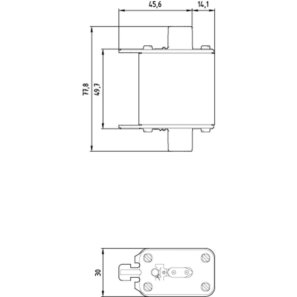 Teknisk ritning av en komponent med dimensioner: Bredd 45,6 mm, höjd 78,8 mm, djup 30 mm. Ovanför frontvy, nedanför ovanifrånvy.