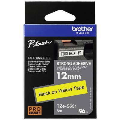'Tejp-kassett 12mm, extra stark vidhäftande. Svart text på gult band. Modell: TZe-S631, 8m längd. Utan dekoration.'