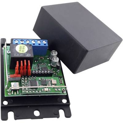 Elektronisk kretskort med komponenter och ett svart hölje. Den innehåller chips, kondensatorer och en blå anslutningslist.