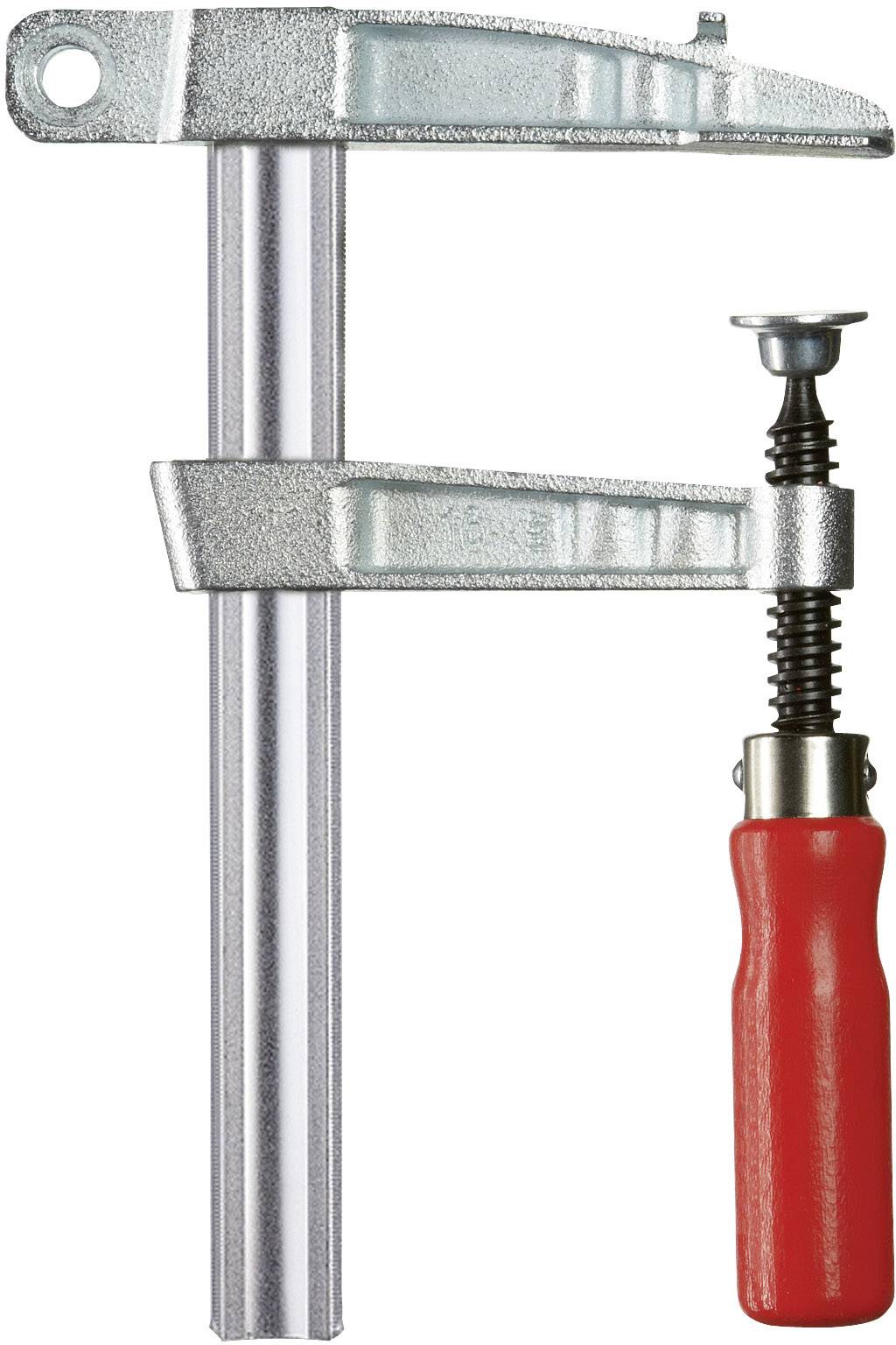 Metallklämma med silverfärgad kropp och rött handtag, mot vit bakgrund. Används för att fixera eller hålla fast arbetsstycken.