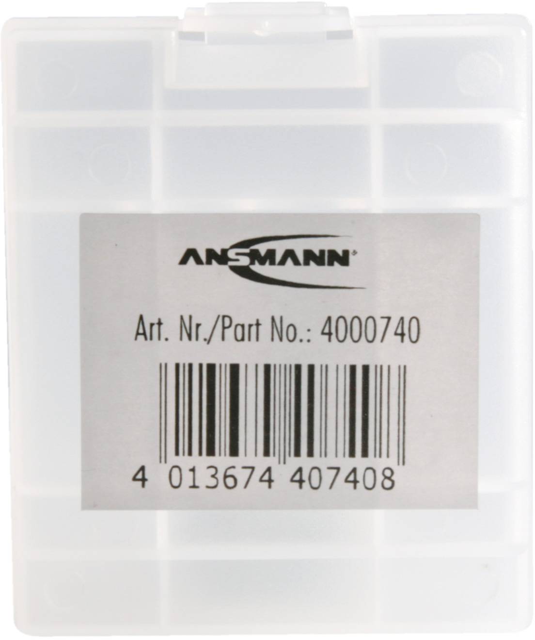 Transparent plastlåda märkt med 'ANSMANN, Art. Nr.: 4000740' på en etikett, under vilken det finns en streckkod.
