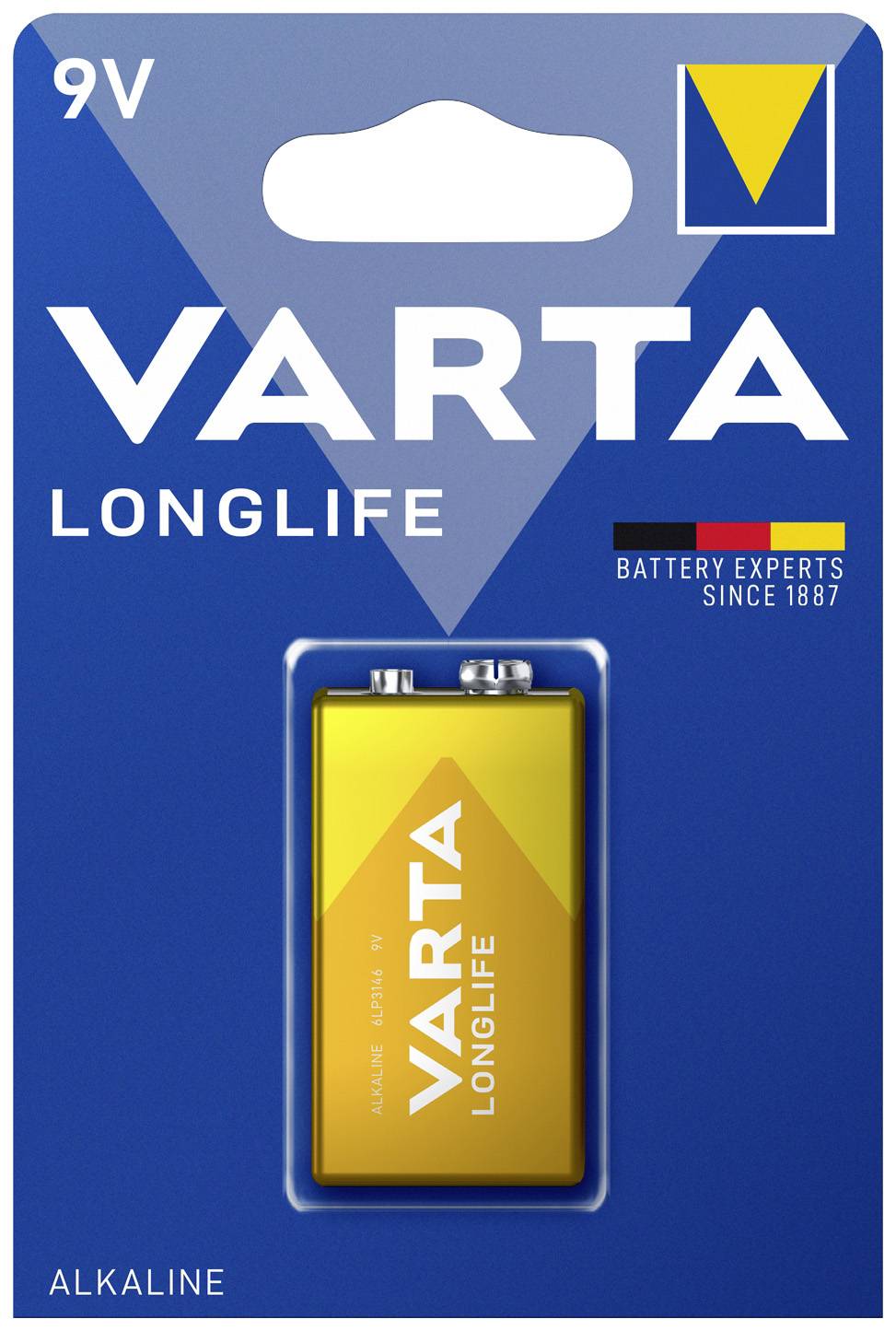 VARTA Longlife 9V alkaliskt batteri i förpackning, gul-blå design, lämplig för enheter med låg energiförbrukning.