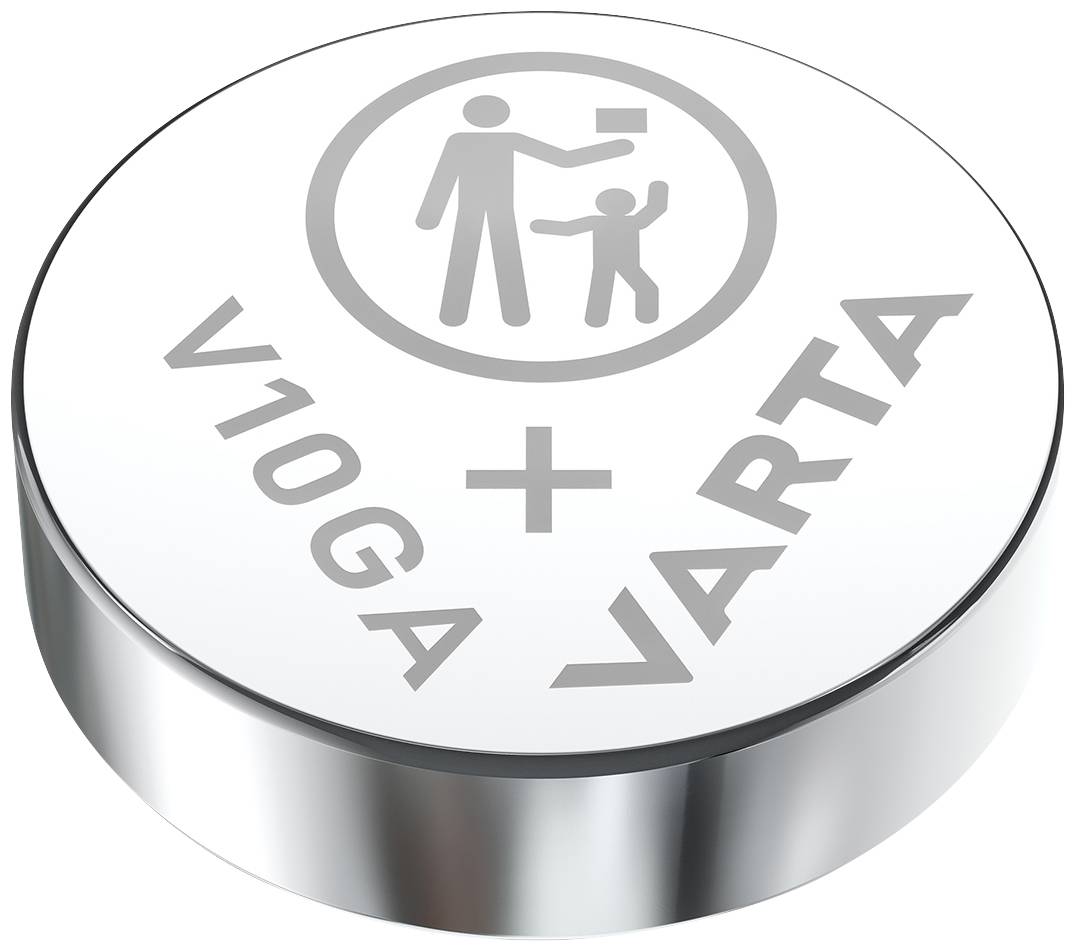 Ett knappcellsbatteri märkt med 'V10GA' och 'VARTA'. Ovanpå symbolen för en överstruken soptunna.