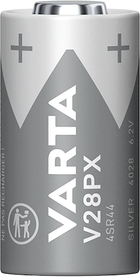 Batteri av märket Varta, modell V28PX, 6,2V, typ 4SR44, silverfargat med plus- och minuspolmarkeringar.