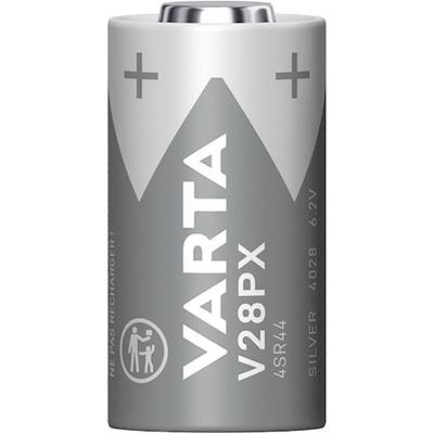 Batteri av märket Varta, modell V28PX, 6,2V, typ 4SR44, silverfargat med plus- och minuspolmarkeringar.