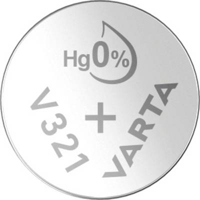 Batteriknappcell med påskrift 'Hg 0%', 'V321', och 'VARTA'. Indikator för kvicksilverfri batteri.