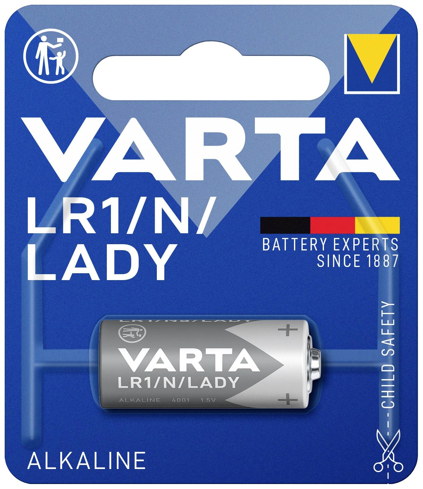 VARTA alkaliska batterier, modell LR1/N/Lady. Förpackningen betonar barnsäkerhet och expertis sedan 1887.