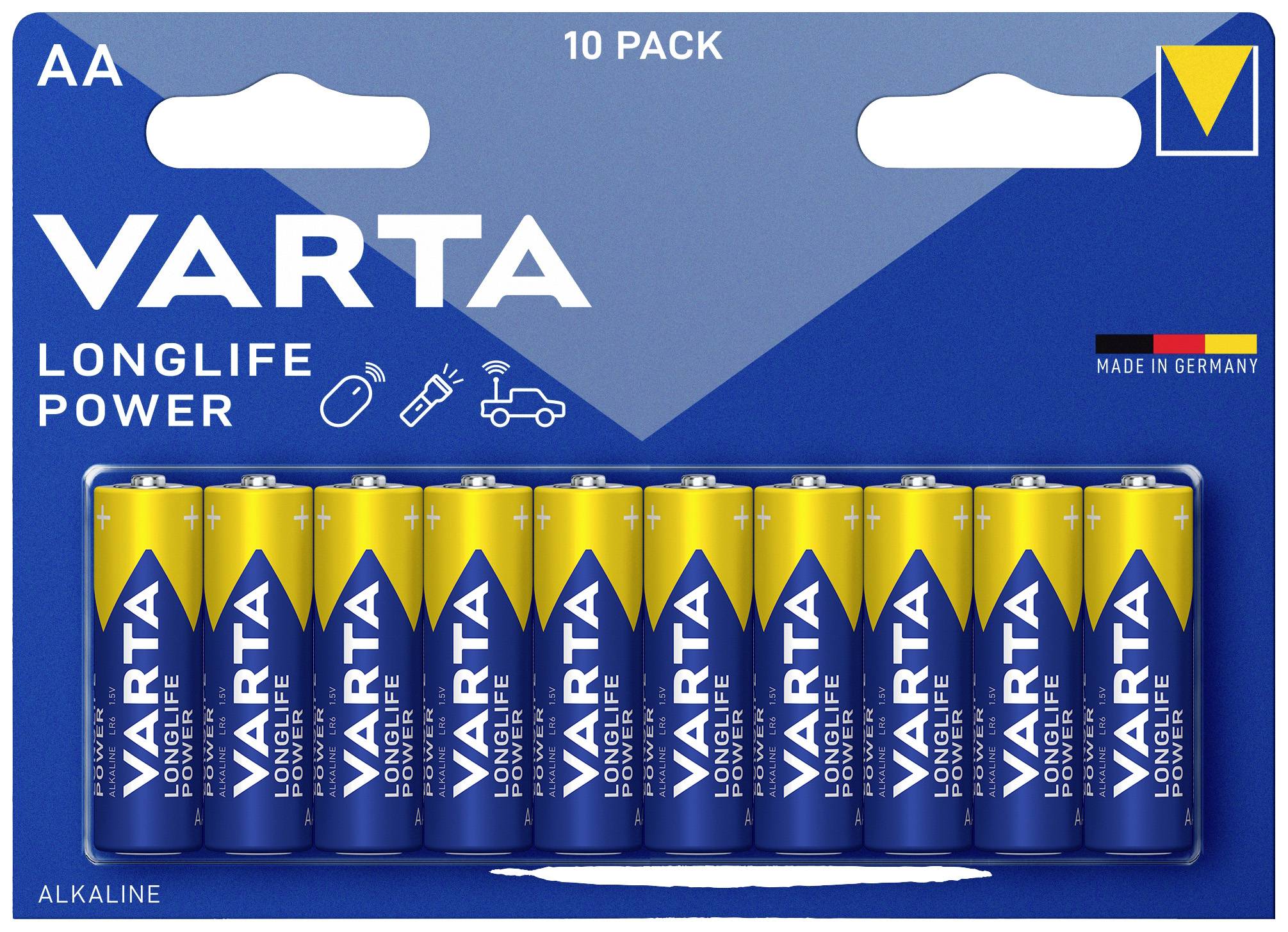 Ett 10-pack AA Varta Longlife Power-batterier i blå förpackning, tillverkade i Tyskland, lämpliga för olika enheter.