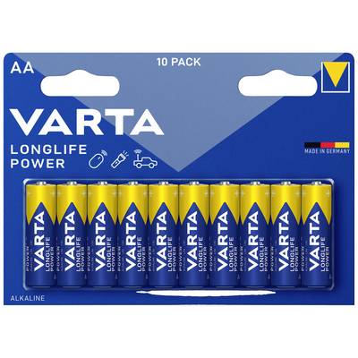 Ett 10-pack AA Varta Longlife Power-batterier i blå förpackning, tillverkade i Tyskland, lämpliga för olika enheter.