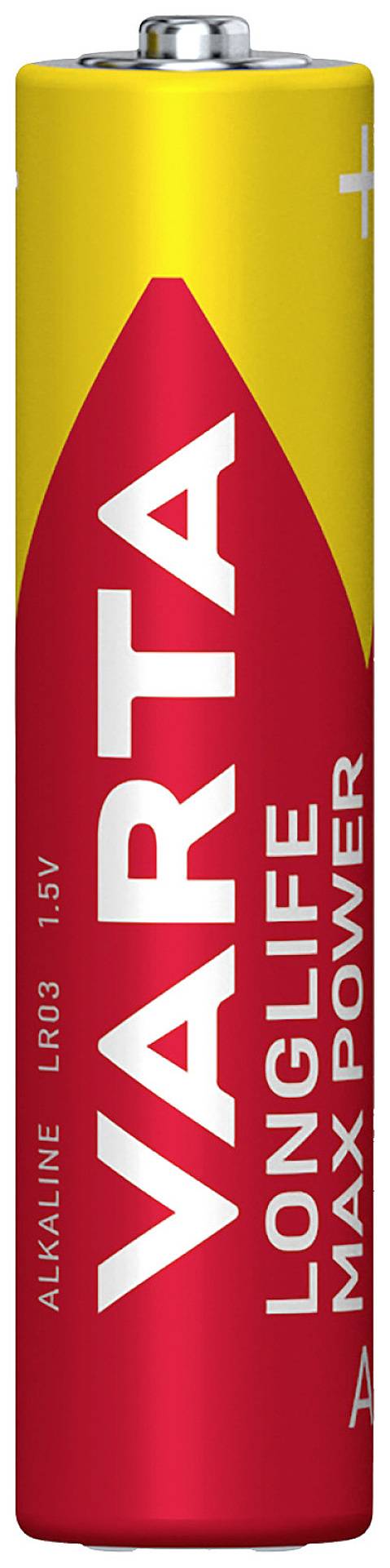 En röd VARTA-batteri med gul rand, modell 'LONGLIFE Max Power', 1,5V alkalisk, typ AAA, märkt med positiva och negativa poler.