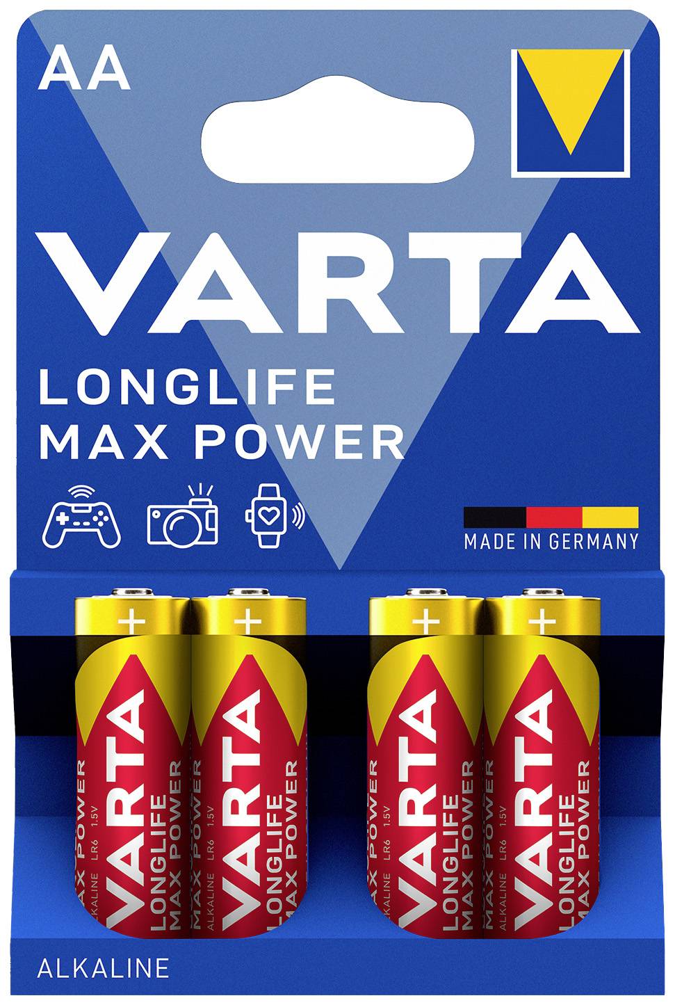 Fyra VARTA AA-batterier 'Longlife Max Power' i en förpackning. Lämpliga för kameror, kontroller, klockor. Tillverkade i Tyskland.