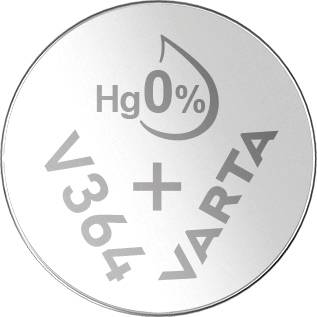 Silveroxid-knappcellsbatteri med påskriften 'Hg 0%', 'V364' och 'VARTA'.