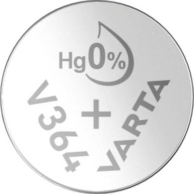 Silveroxid-knappcellsbatteri med påskriften 'Hg 0%', 'V364' och 'VARTA'.