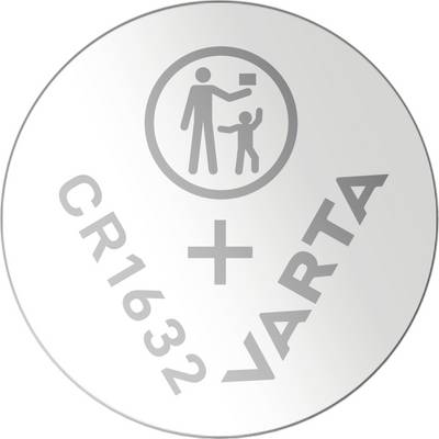 Cirkelformad knappcell med inskriften 'CR1632 + VARTA'. Ovanför en piktogram med en vuxen och ett barn med en upplyftad pekfinger.