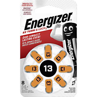 'Energizer batterihölje. Innehåller åtta hörapparatsbatterier av storlek 13. Tryckt text: 'Skyddar dina enheter'.'