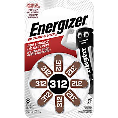 Förpackning av Energizer hörapparatsbatterier. Innehåller 8 batterier i storlek 312, EZ Turn & Lock-design, skyddar dina enheter.