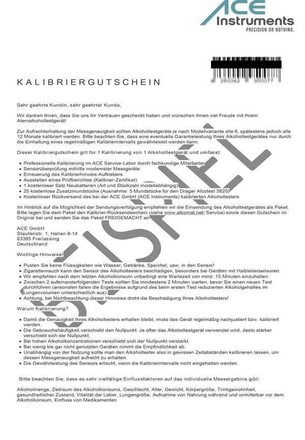 ACE 100082 Kalibrerings-certifikat