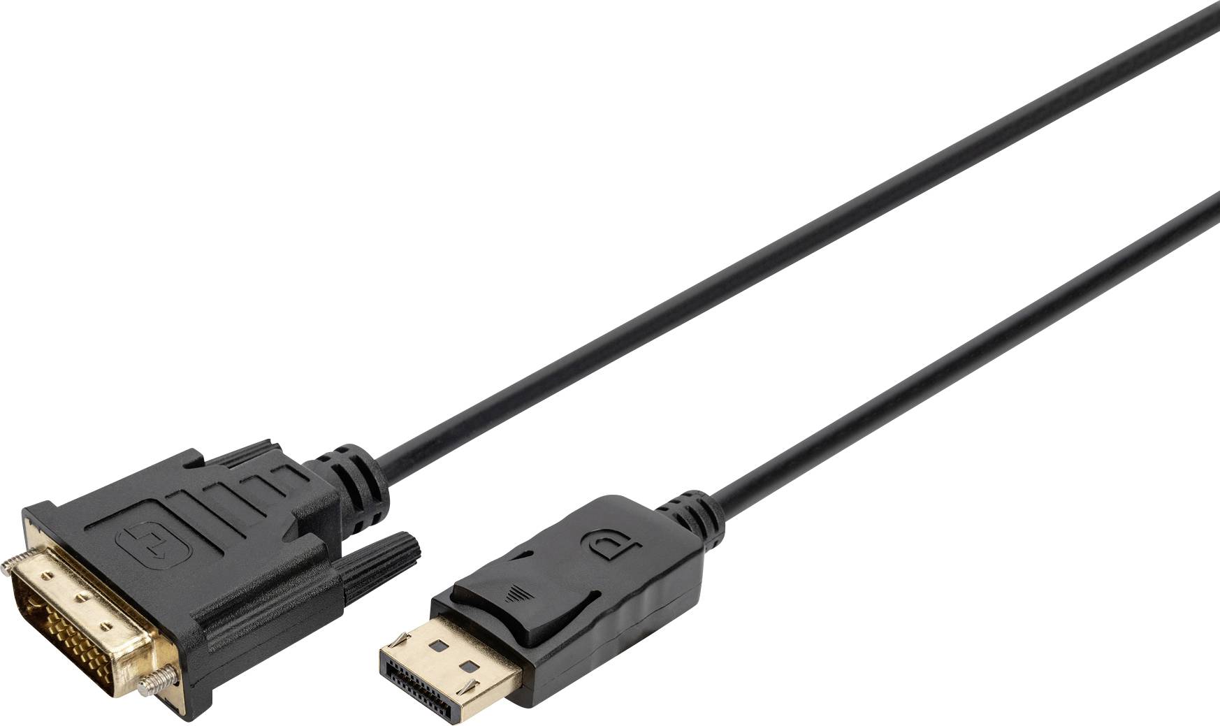 Svart kabel med DVI-kontakt på vänster sida och DisplayPort-kontakt på höger sida, för anslutning av bildskärmar.
