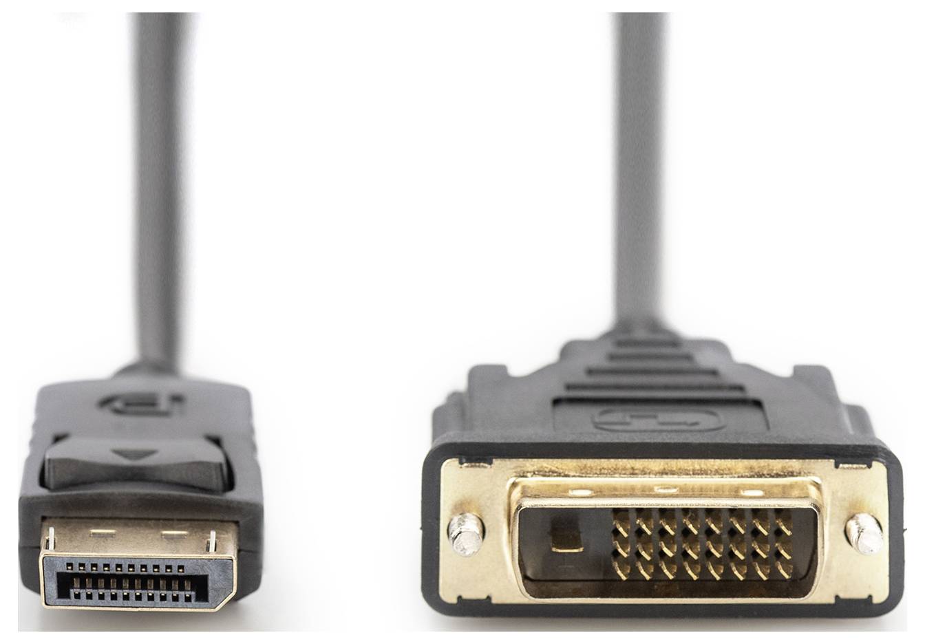 Två kabelanslutningar bredvid varandra: till vänster en DisplayPort-kontakt, till höger en DVI-kontakt. Båda svarta med guldfärgade kontakter.