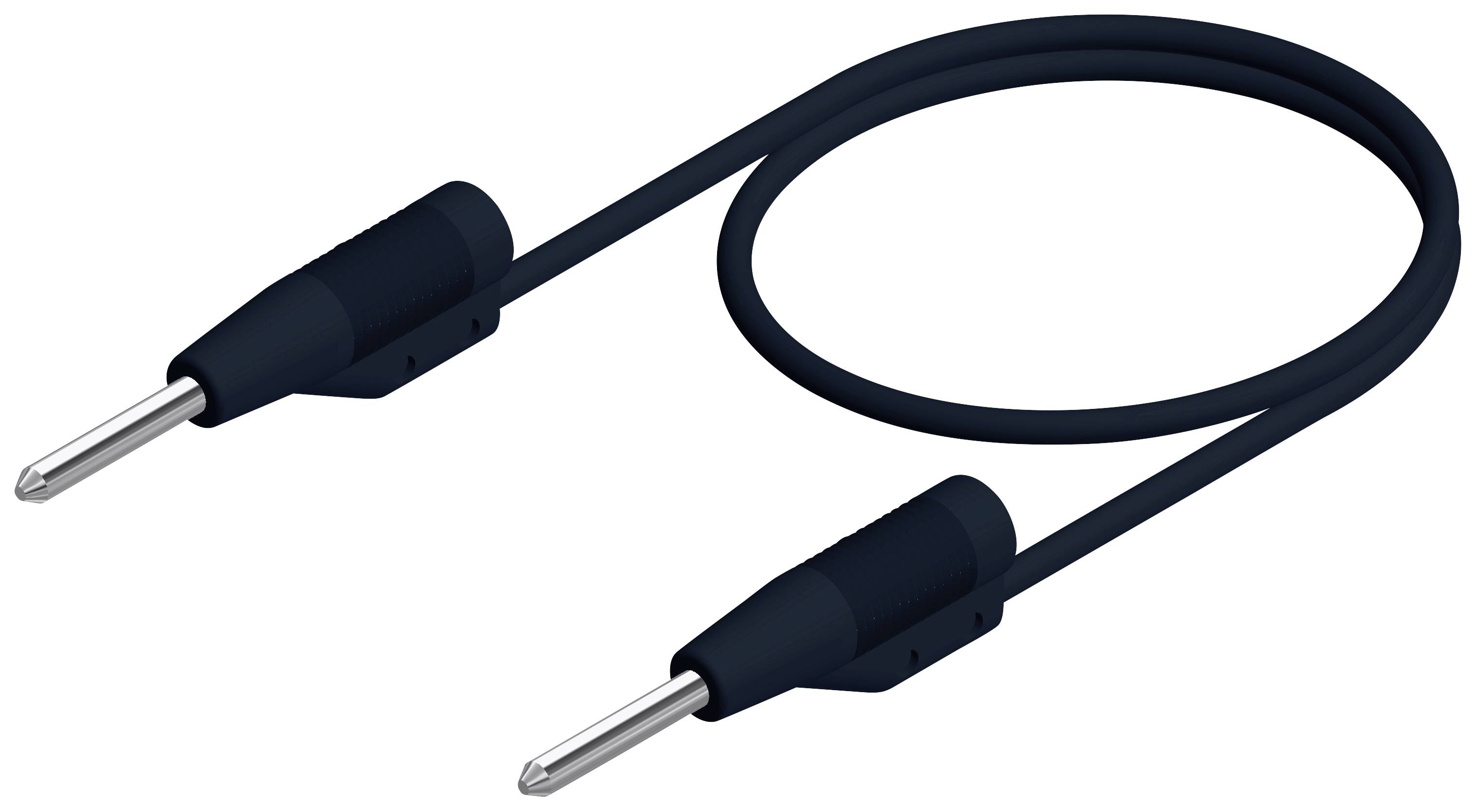 En svart kabel med två banankontakter i ändarna, vanligtvis använd för elektroniska eller ljudanslutningar.