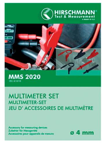 Omslag av Hirschmann 'Test & Measurement' MMS 2020 multimeter-tillbehörsset, som visar testledningar och klämmor, med '4 mm' anslutningsstorlek.
