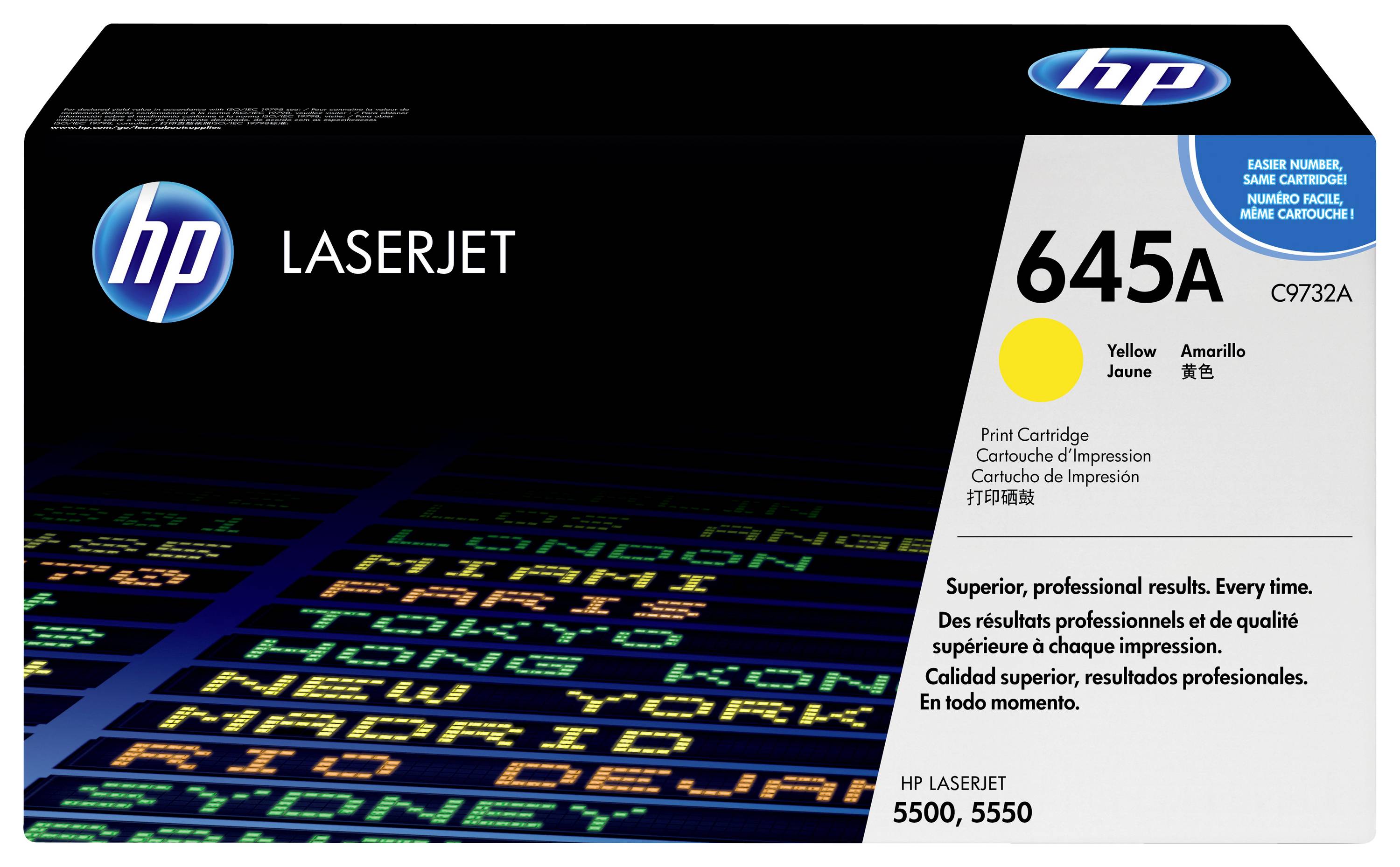 HP LaserJet 645A gul tonerpatron i förpackning, modell C9732A, visas med HP-varumärke och kompatibilitet för LaserJet 5550 och 5500-skrivare.