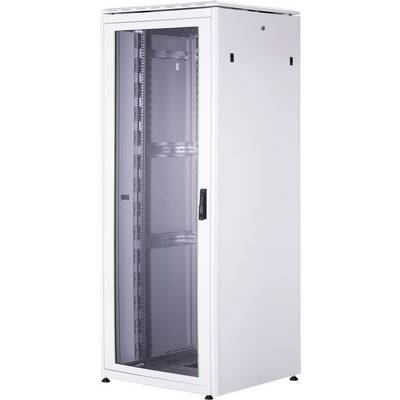 Ett tomt, stående nätverksskåp med glasdörr och metallram. Idealiskt för förvaring av serverutrustning i IT-anläggningar.
