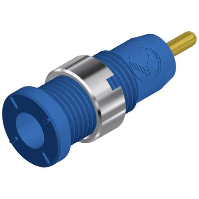 En blå koaxial kontakt med ett runt, silvergrått metallhölje och en gul kontaktpinne, använd för elektriska anslutningar.