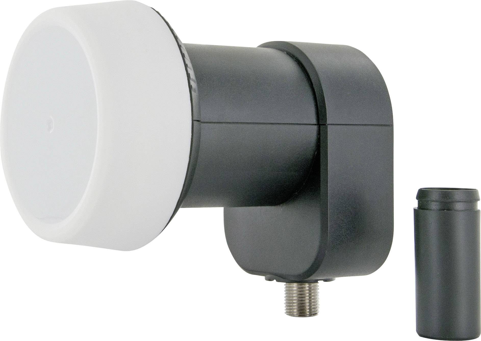 Svart LNB (Low Noise Block) med vit täckskiva och koaxialanslutning, används för satellitTV-mottagning.