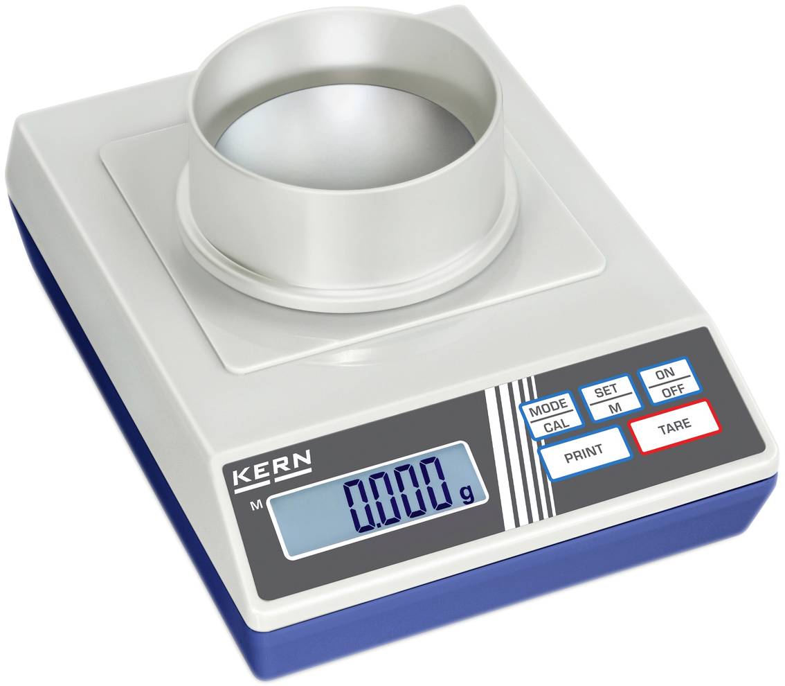 Digital våg med rund vägyta, display visar '0,000 g', fem funktionsknappar: MODE, SET M, PRINT, TARE, ON/OFF.