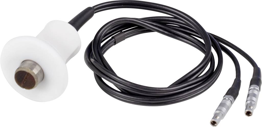 En medicinsk elektrodkabel med två anslutningar och ett runt, vitt överstycke för terapeutiska tillämpningar.