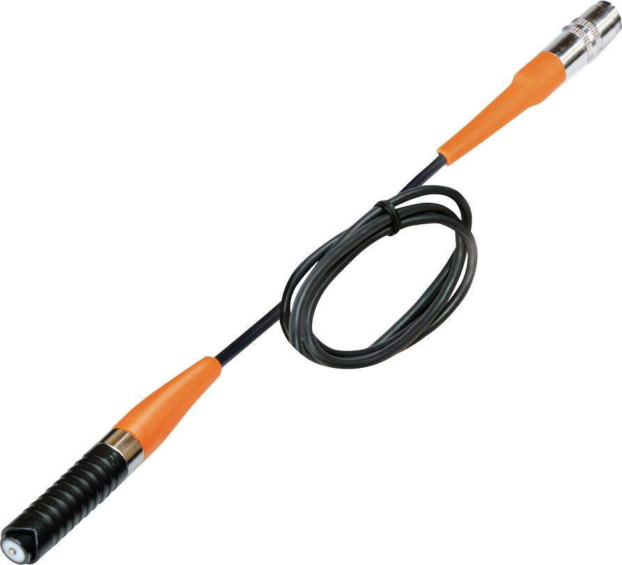 En svart kabel med spiralformad förtjockning på ena sidan och silvrig kontakt på den andra, används för att ansluta elektroniska enheter.