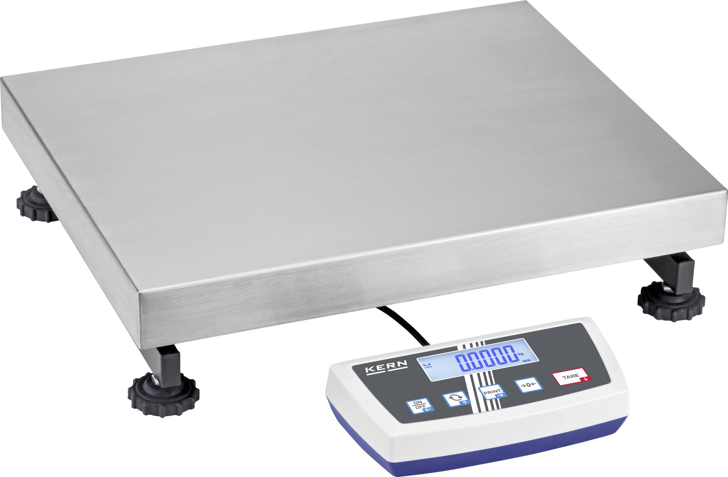 Industriell våg på justerbara fötter med digital display som visar noll. Vågen har en plattform av rostfritt stål.