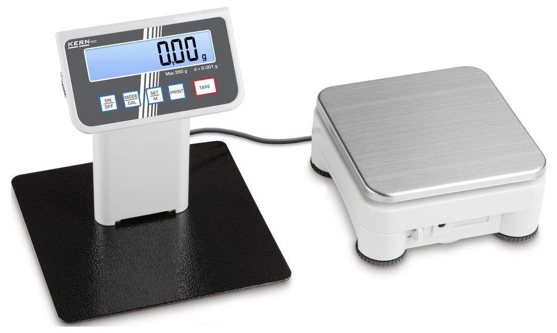 Digital våg med rektangulär plattform till höger och display till vänster, visar '0,00 g'.