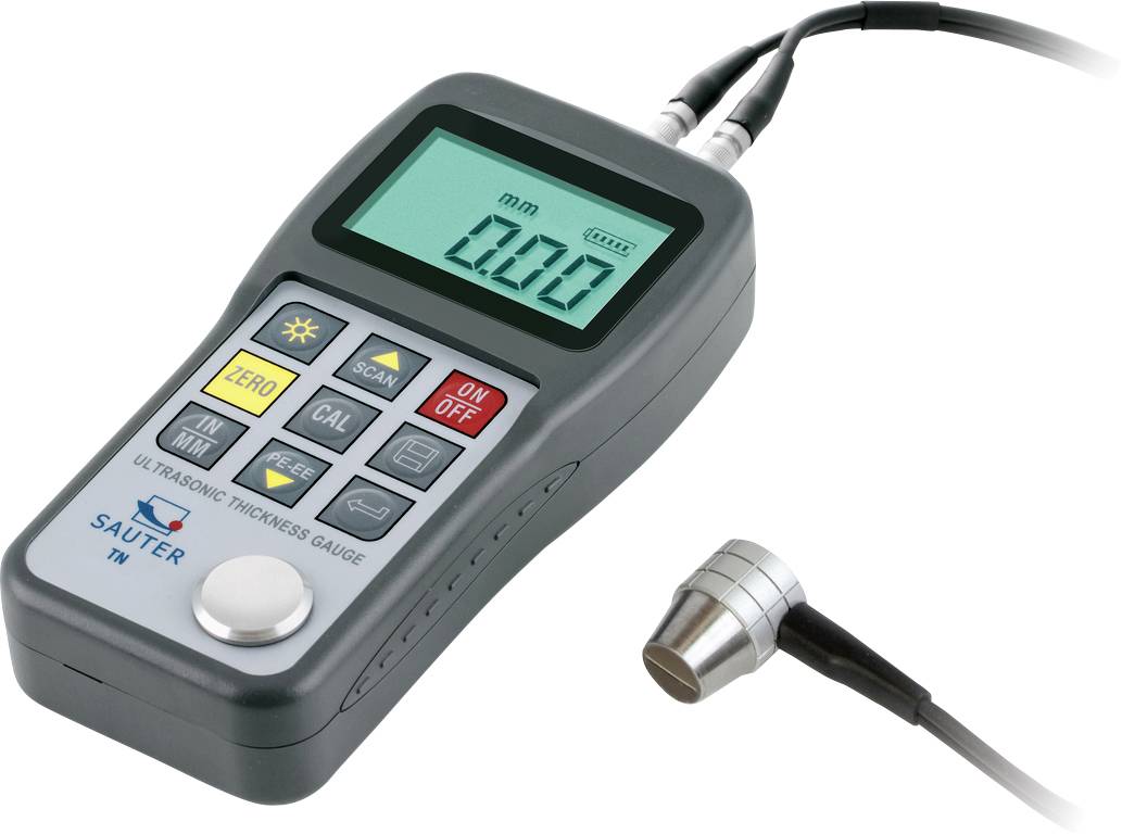 Ultraljudsbaserad tjockleksmätare med digitalt display, flera funktionsknappar och ansluten sensor för materialytjockleksmätning.