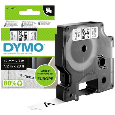 DYMO Standard etikettkassett, Svart på vit, 12 mm x 7 m, för DYMO etiketskrivare, visas med skrivare och etikettremsa.
