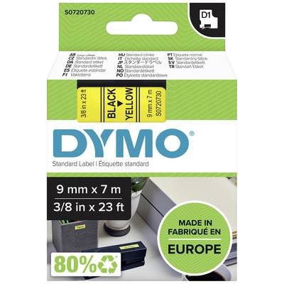 DYMO-etikett från Europa, svart på gul, 9 mm x 7 m, miljövänlig (80% återvunnet material).
