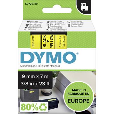 Dymo-etikettrulle med språkinformation, etikettstorlek 9 mm x 7 m, svart på gul, tillverkad i Europa.