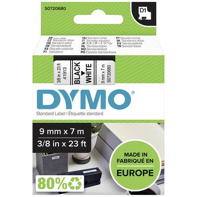 'DYMO Standard Label' förpackning, svart text på vitt etikett, storlek 9 mm x 7 m, tillverkad i Europa, miljövänlig 80%.
