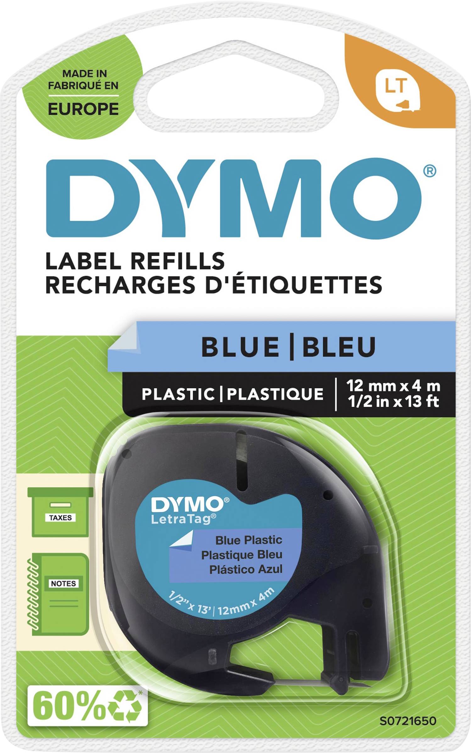DYMO LetraTag påfyllningsband för etiketter i Blå, gjord av plast, med måtten 12 mm x 4 m. Tillverkad och förpackad i Europa.