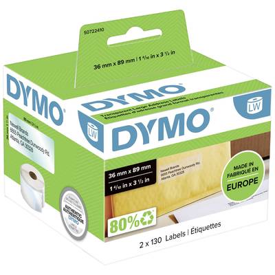 Kartongförpackning för Dymo-etiketter med gröna och vita accenter, 80% återvinningsinnehåll, 2 rullar, mått 36 x 89 mm, från Europa.