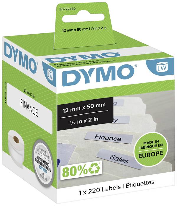 DYMO Etikettrulle 99017 S0722460 50 x 12 mm Papper Vit 220 st Permanent Etiketter för hängeregister