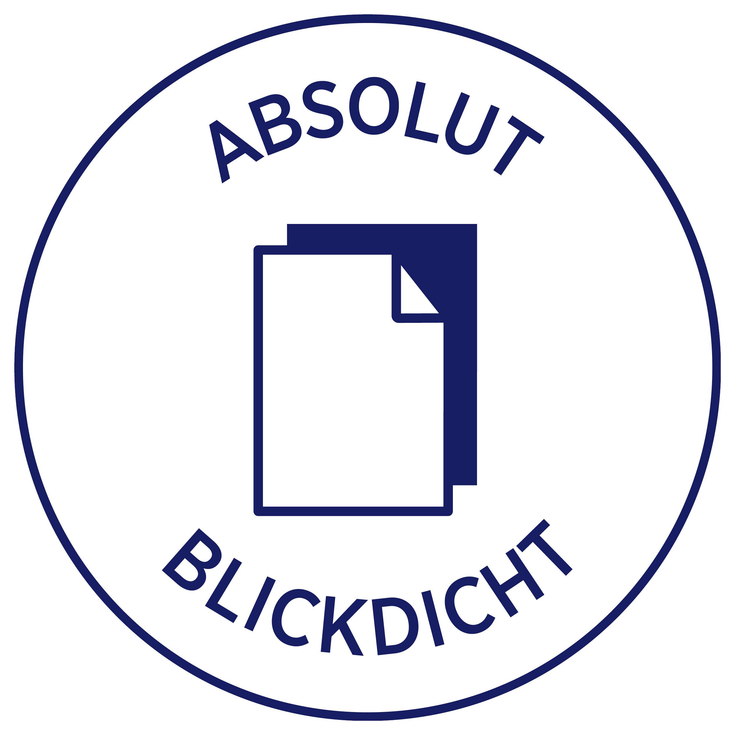 Rundt blått symbol med dokumentikon och texten "ABSOLUT BLICKDICHT" för en blickdicht produkt.