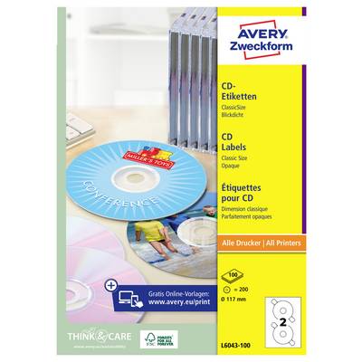 Avery Zweckform CD-etikett-paket med blå skivetikett på toppen och flerspråkig text: 'CD-etiketter', 'Klassisk storlek', 'Opak', 100 ark, 117 mm.