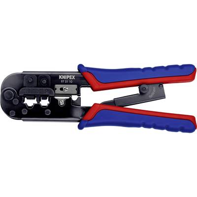 Ett kabelavstripnings- och crimptång med röd och blå handtag, lämplig för avisolering och crimpning av kablar. Påskrift 'Knipex 97 51 10'.