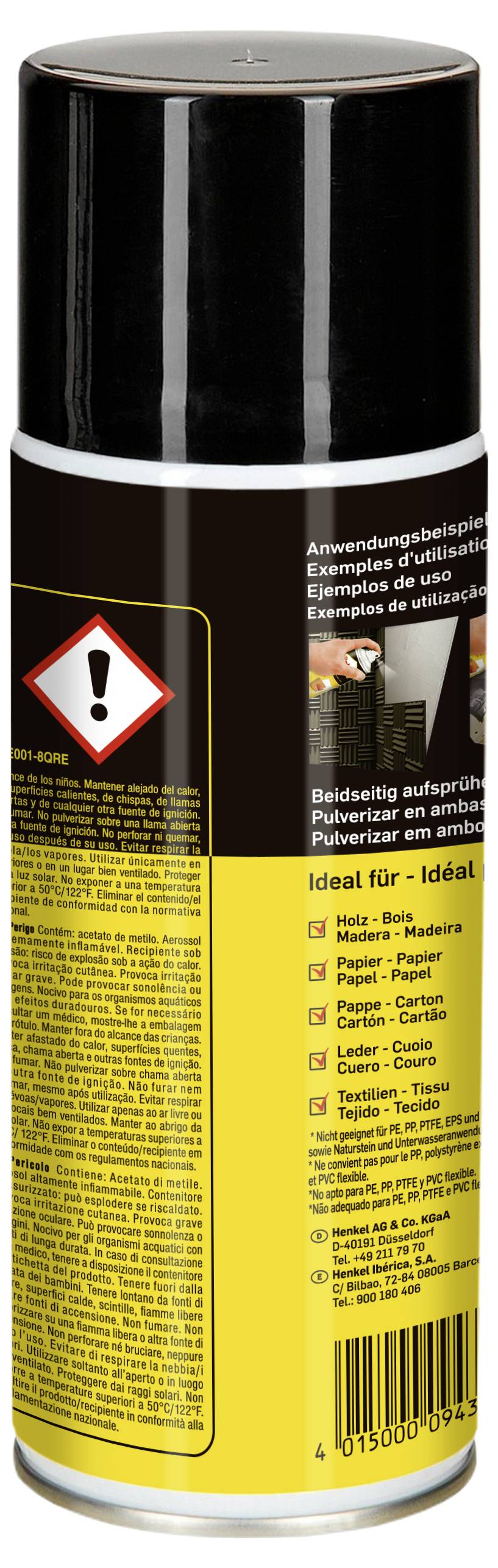 En behållare med en svart kork och en gul etikett, som visar en farosymbol med ett utropstecken och text på flera språk.